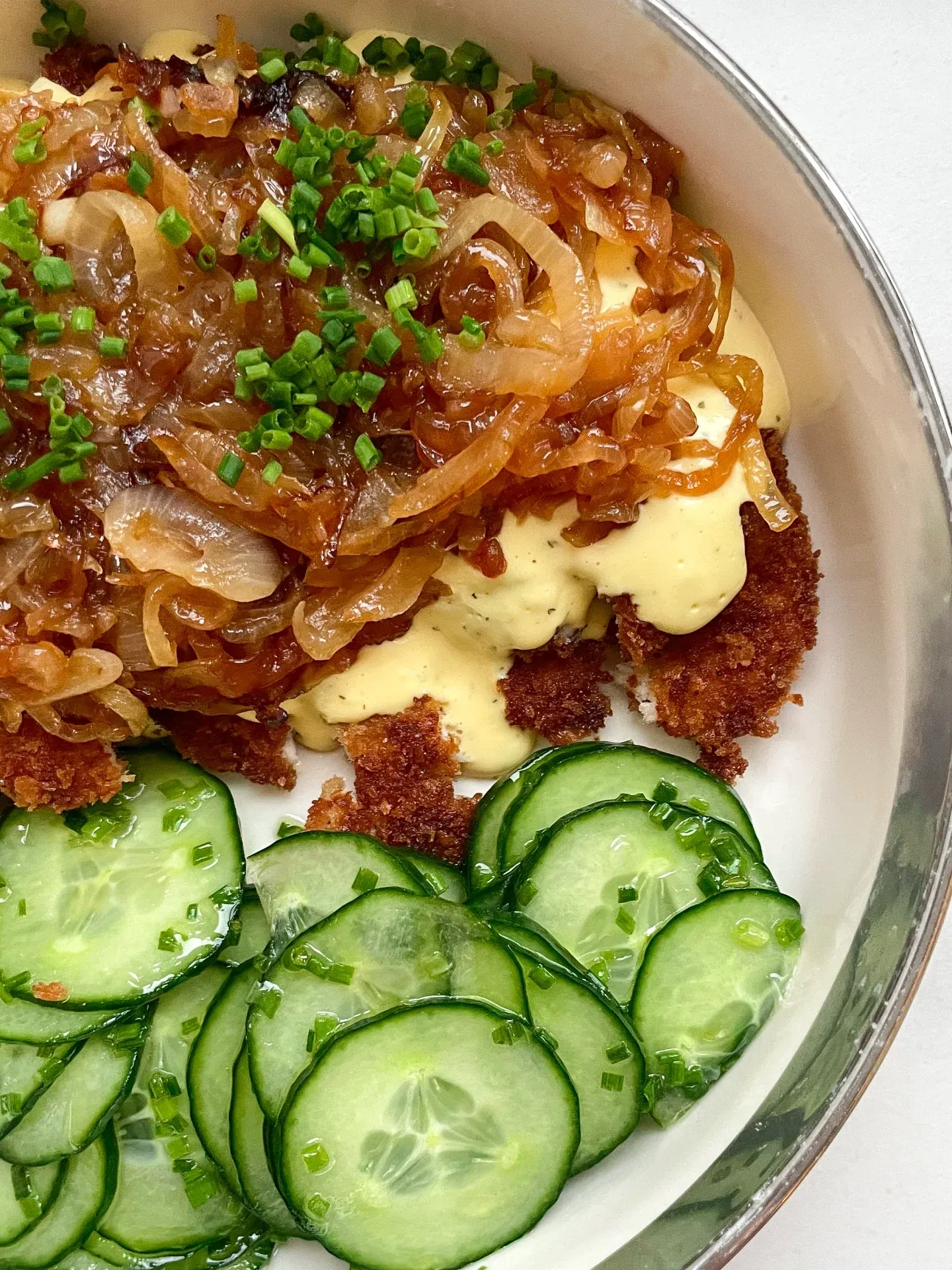Chicken Schnitzel with Caramelized Onions & Sauce Hollandaise