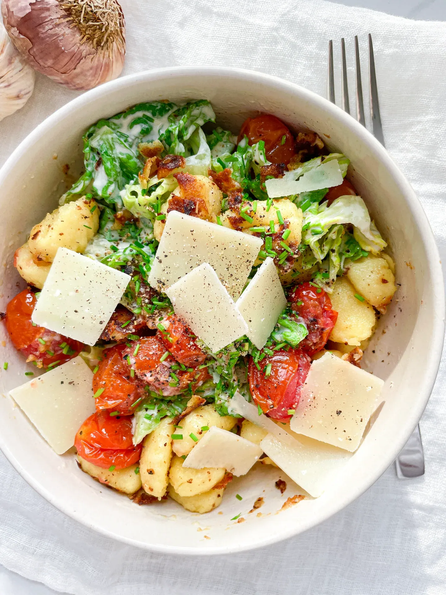 Gnocchi Romaine Salad with Oven Roasted Tomatoes & Parmesan