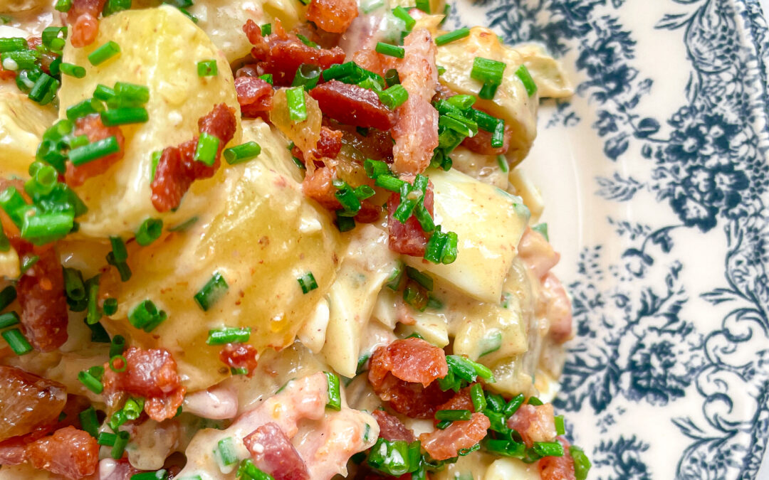 Potato Salad with Eggs Bacon Pickles & Caramalized Onions