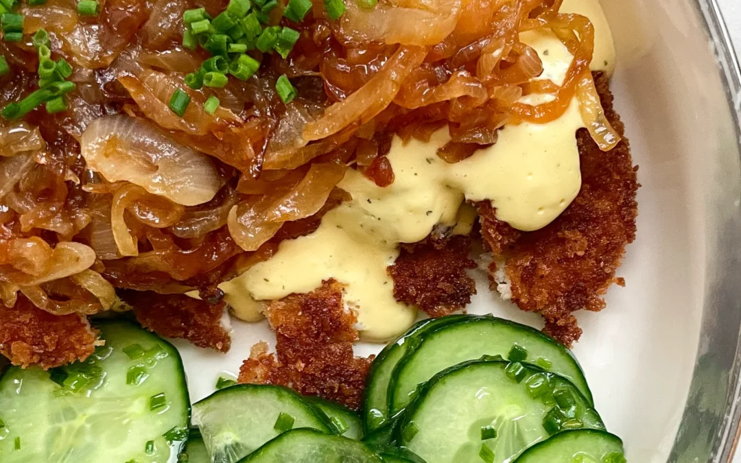 Chicken Schnitzel with Caramalized Onions & Sauce Hollandaise