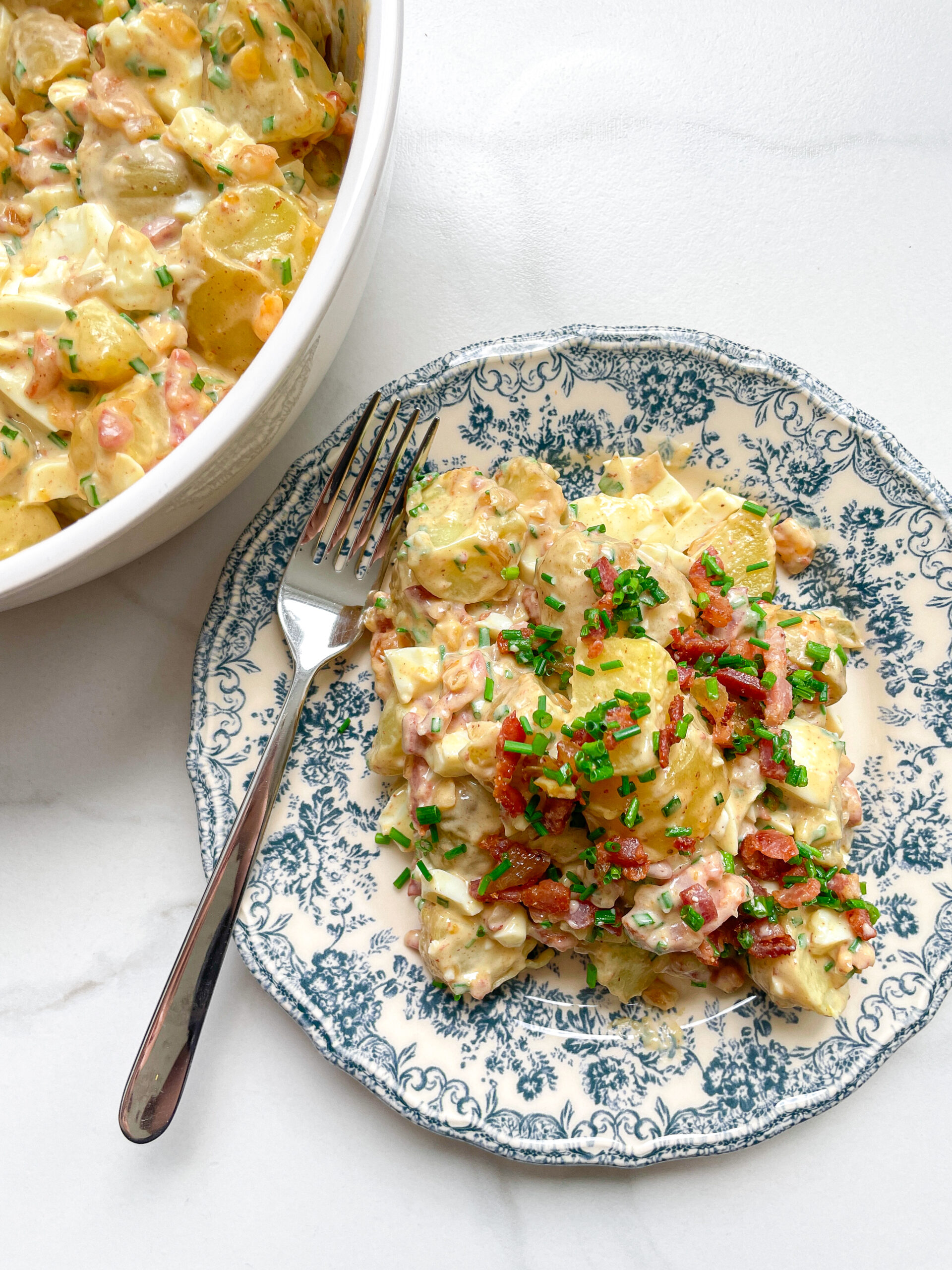 Potato Salad with Eggs Bacon Pickles & Caramalized Onions