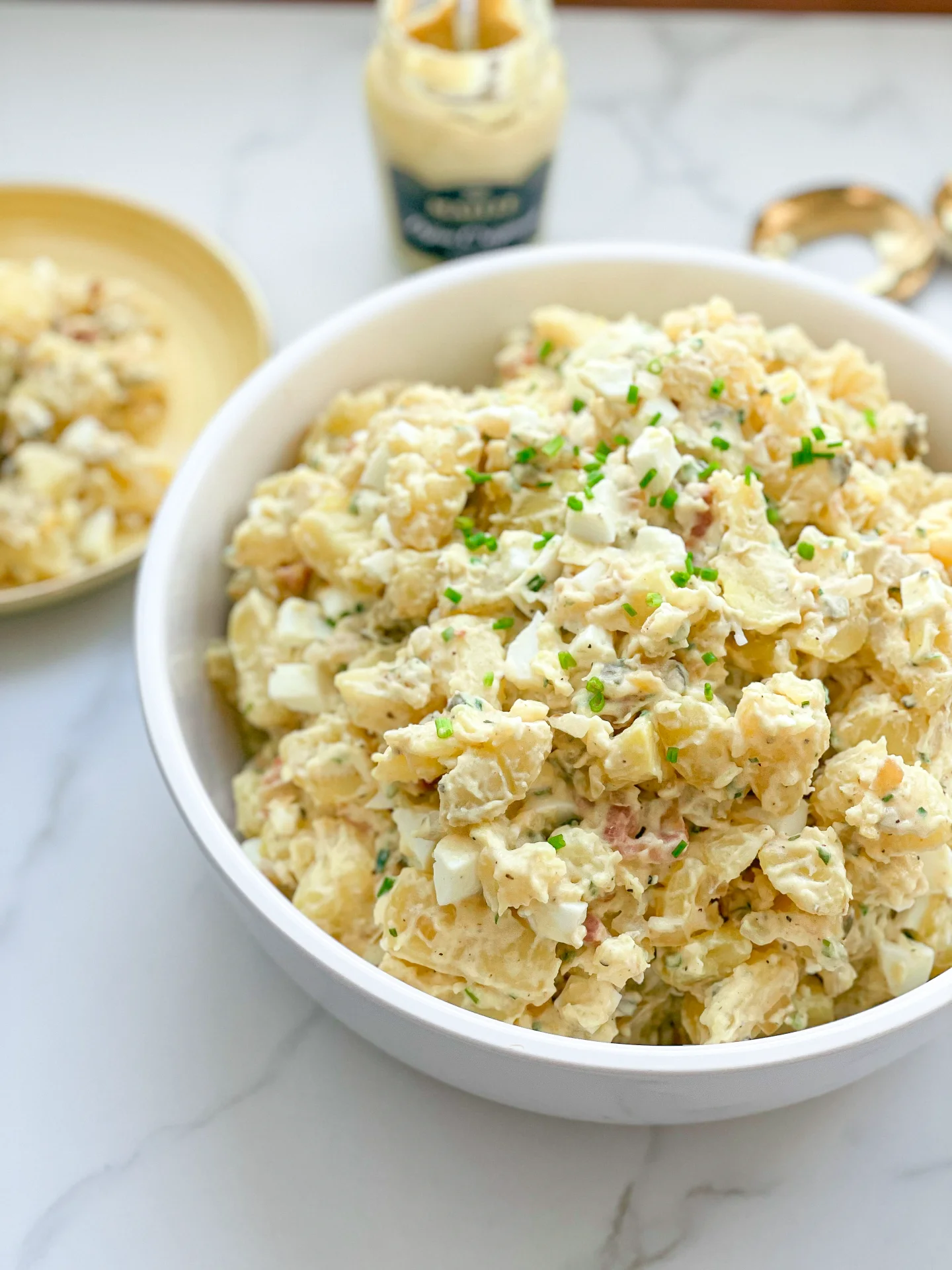 Potato Salad with Eggs Bacon Pickles & Caramalized Onions