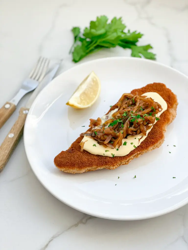 Chicken Schnitzel with Caramalized Onions & Sauce Hollandaise