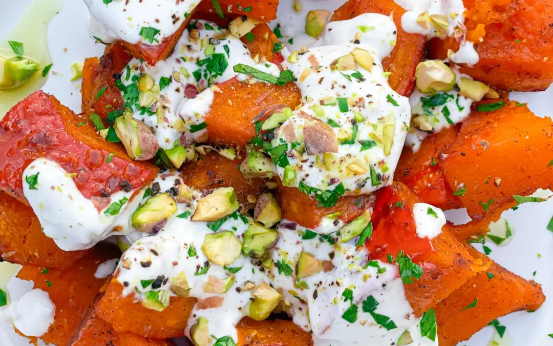 Roasted Pumpkin with Garlic Yogurt Sauce and Pistachios