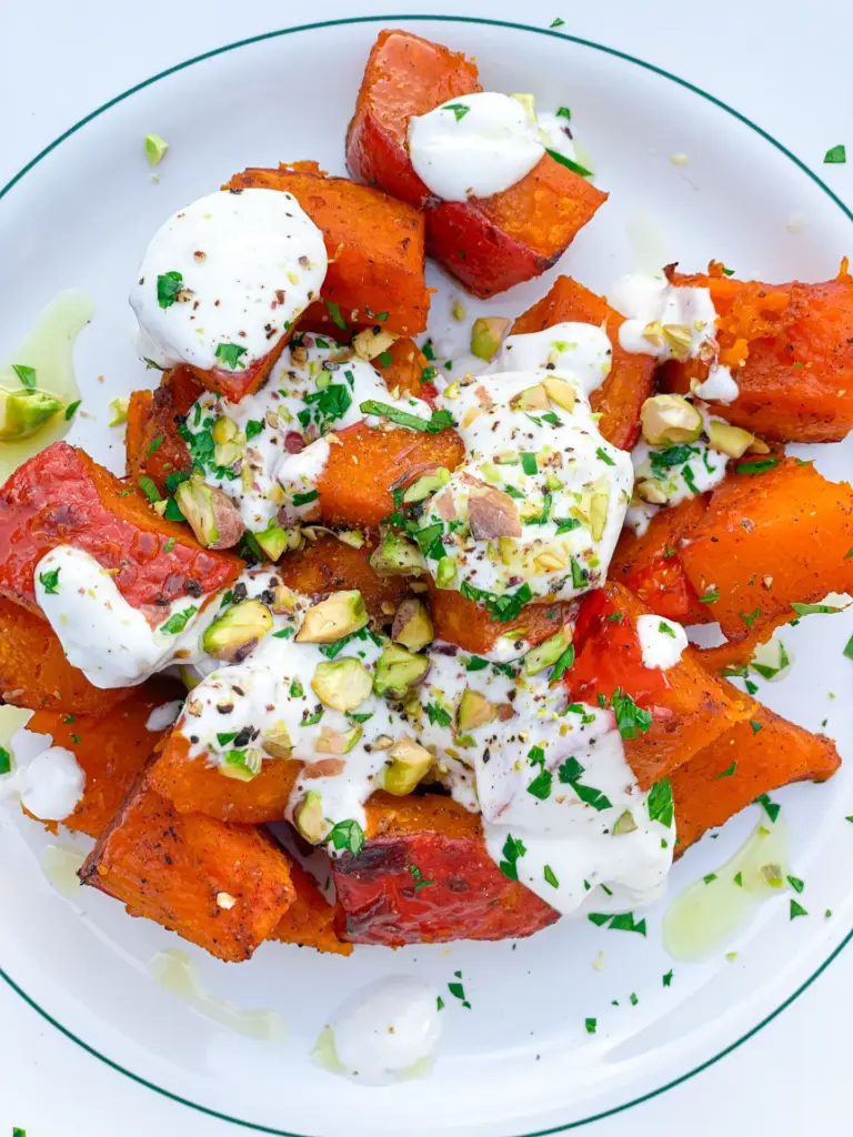 Roasted Pumpkin with Garlic Yogurt Sauce & Pistachios