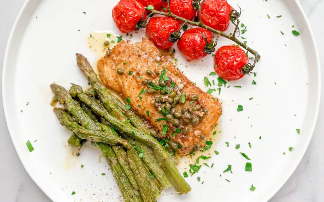 Cod with Caper Lemon Butter Baked Asparagus & Vine Tomatoes