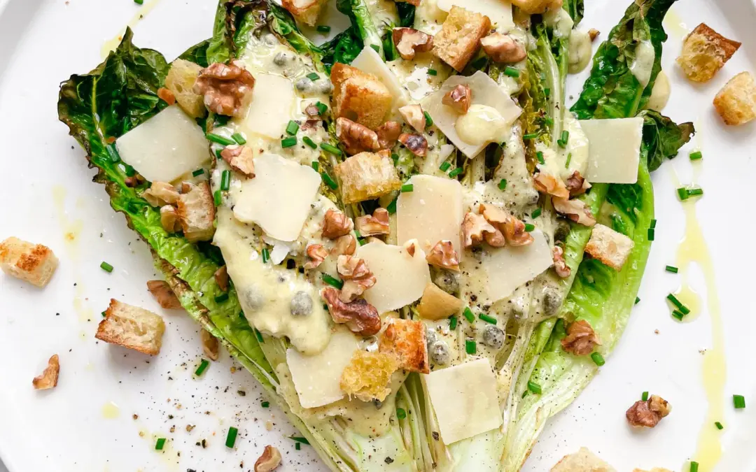 Grilled Romaine Salad with Lemon Yogurt Dressing & Garlic Croutons