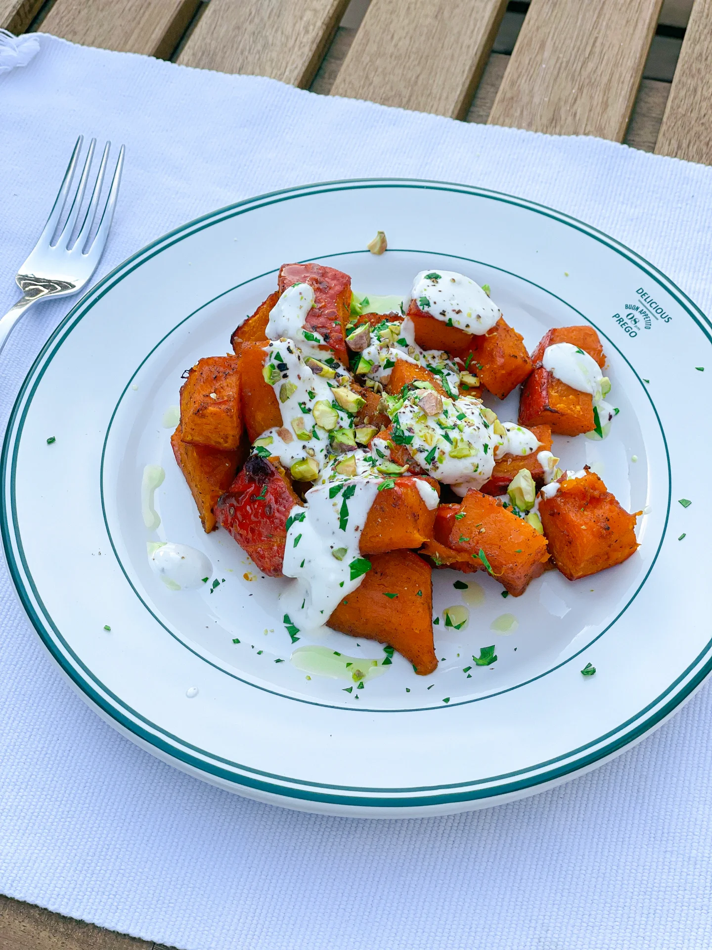 Roasted Pumpkin with Garlic Yogurt Sauce & Pistachios