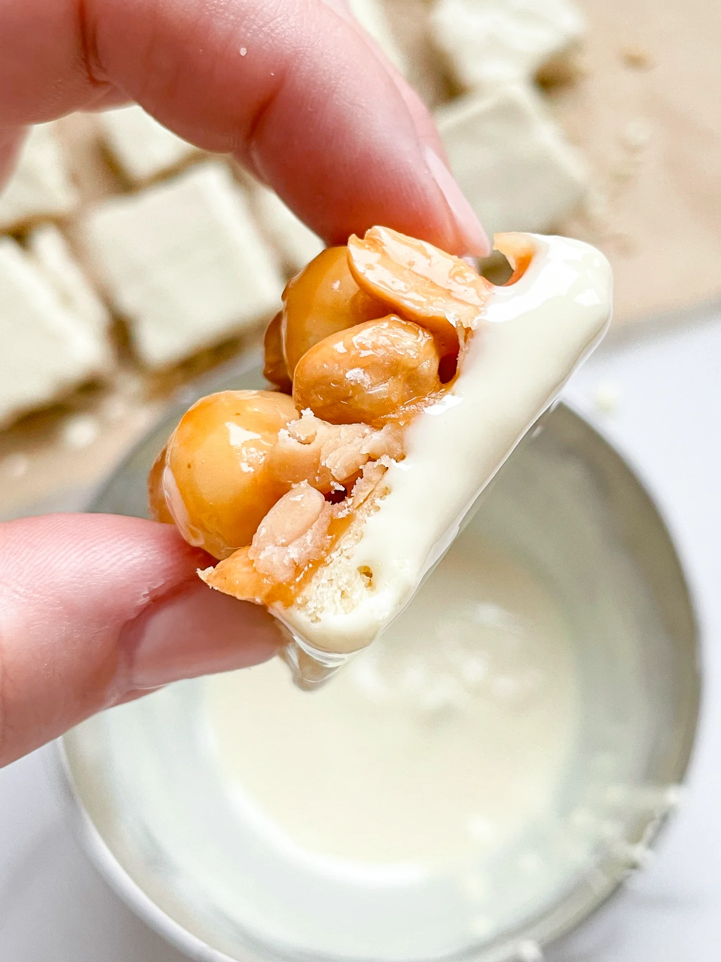 White Chocolate Macadamia Peanut Caramel Bites