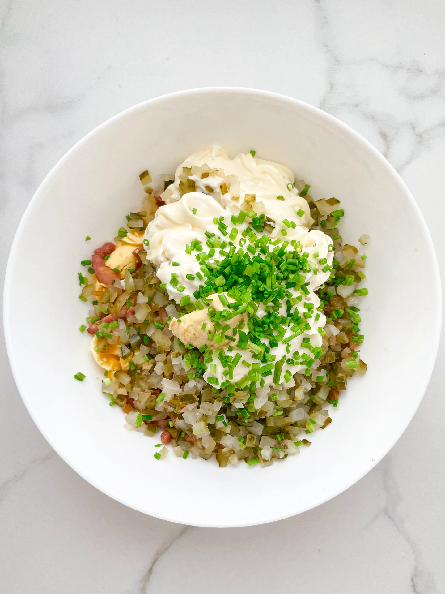 Potato Salad with Eggs Bacon Pickles & Caramalized Onions