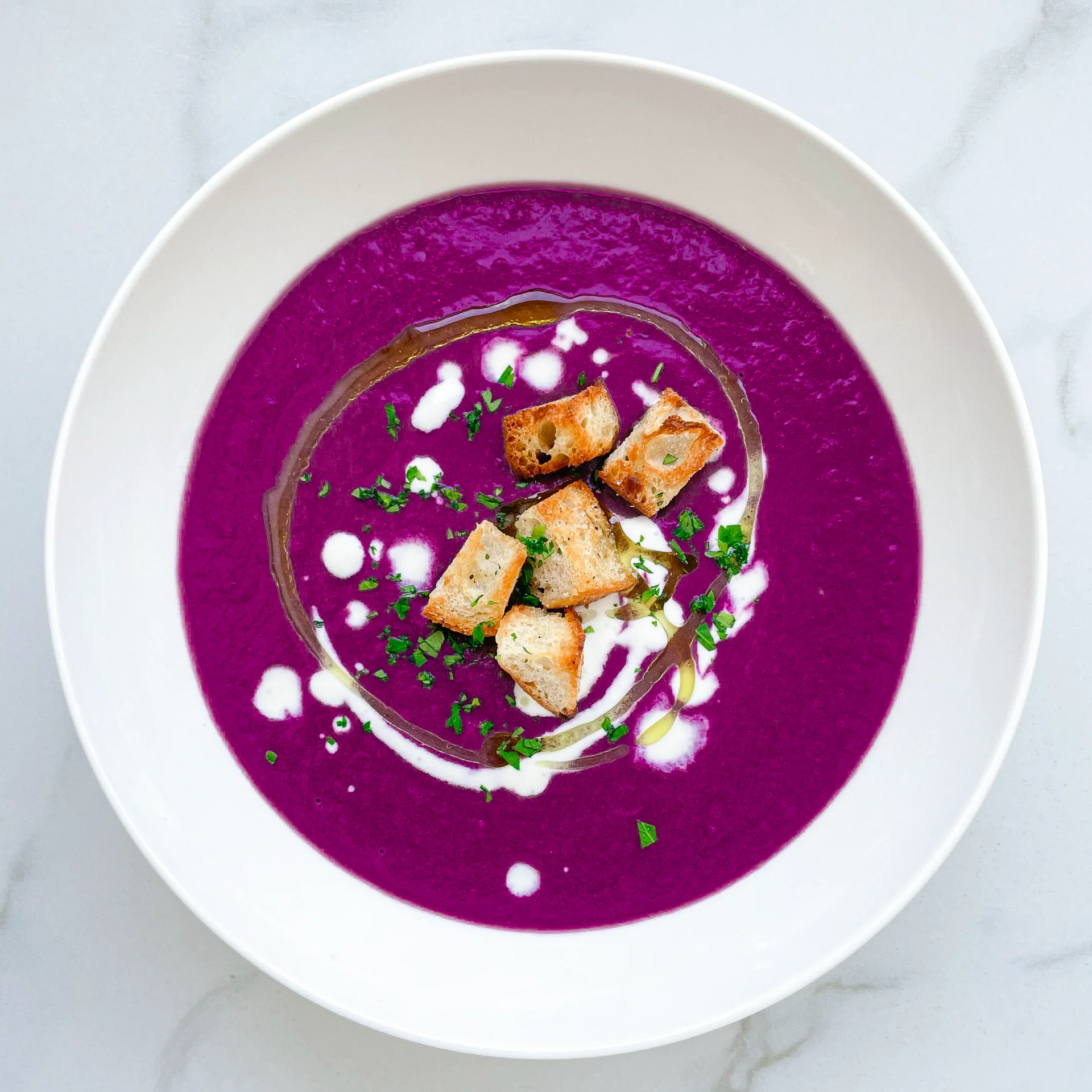 Spicy Red Cabbage Soup & Garlic Croûtons