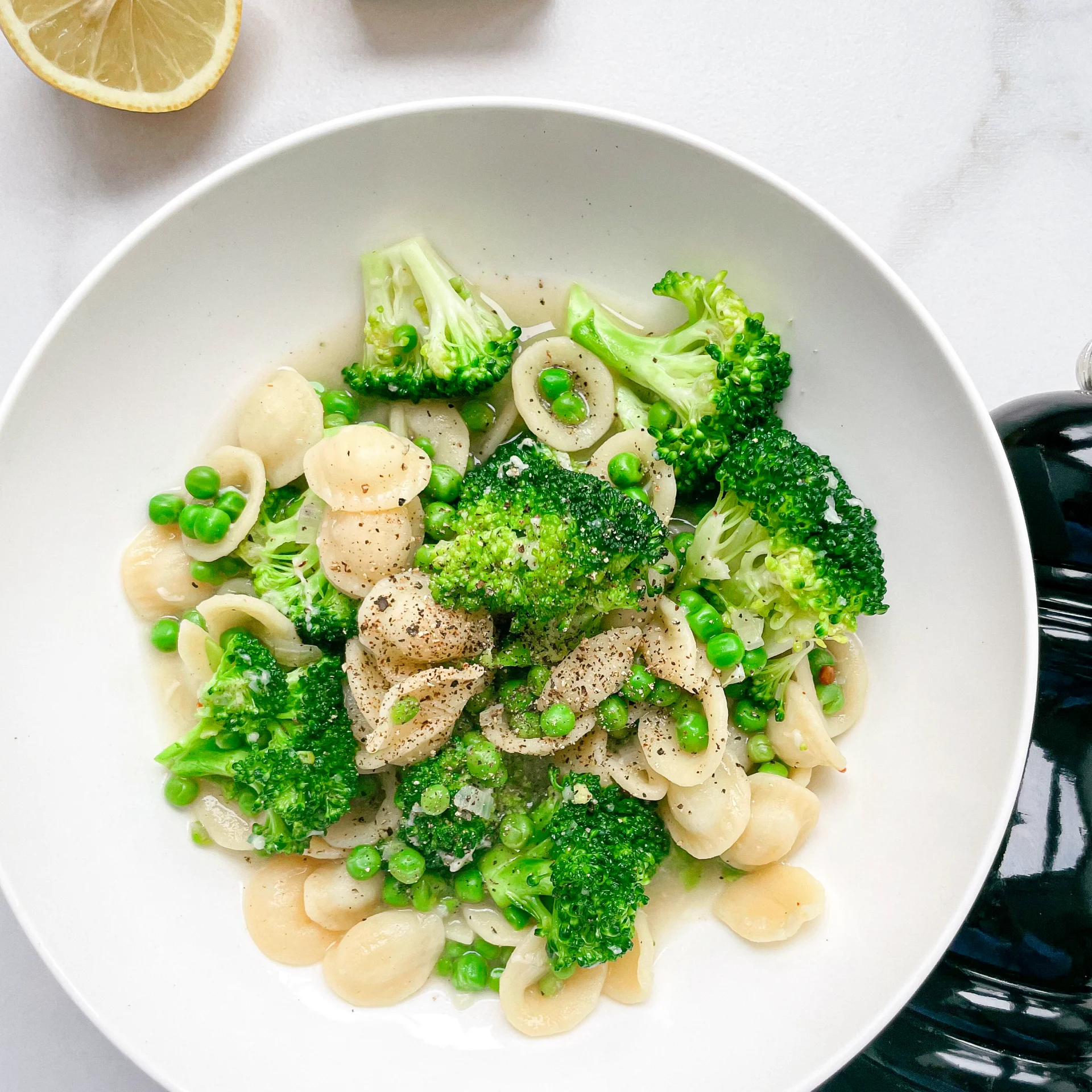 Lemon Broth with Pasta Broccoli & Peas