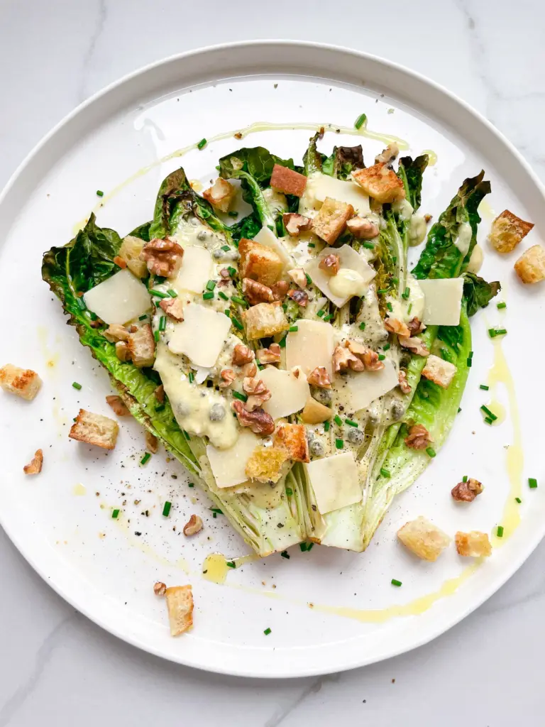 Grilled Romaine Salad with Lemon Yogurt Dressing & Garlic Croutons