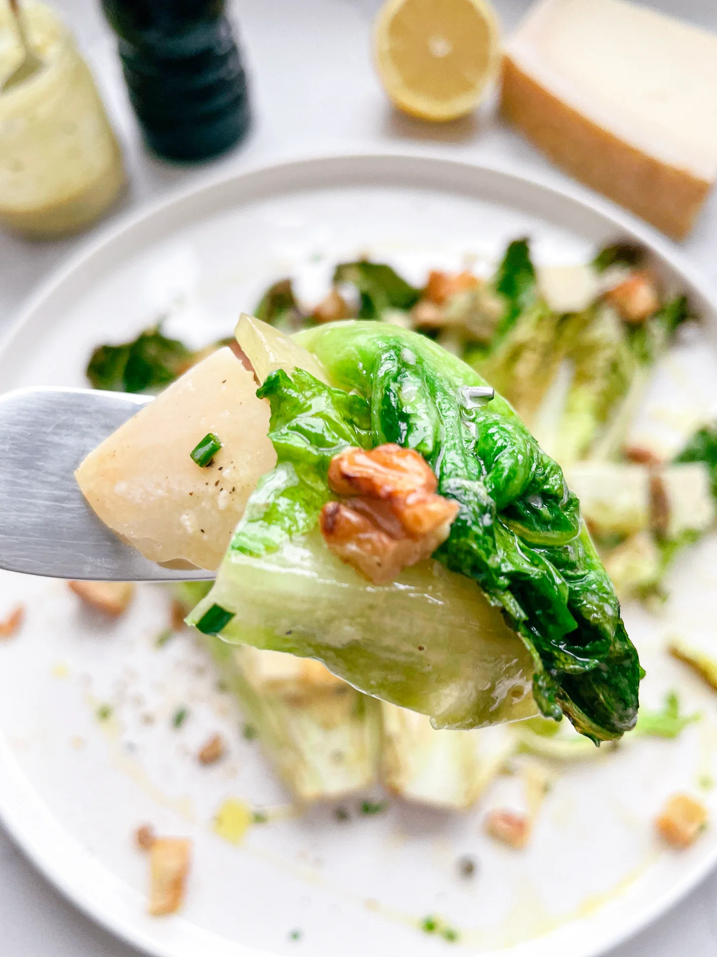 Grilled Romane Salad with Lemon Yogurt Dressing & Garlic Croutons