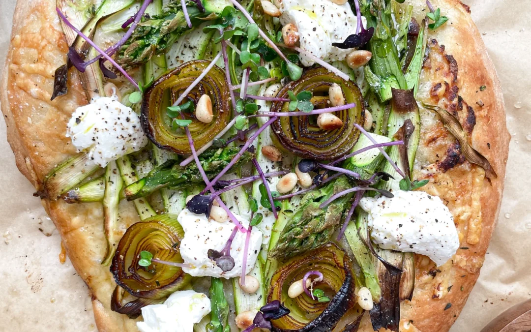 Asparagus Caramalized Leeks Pizza with Parmesan & Ricotta