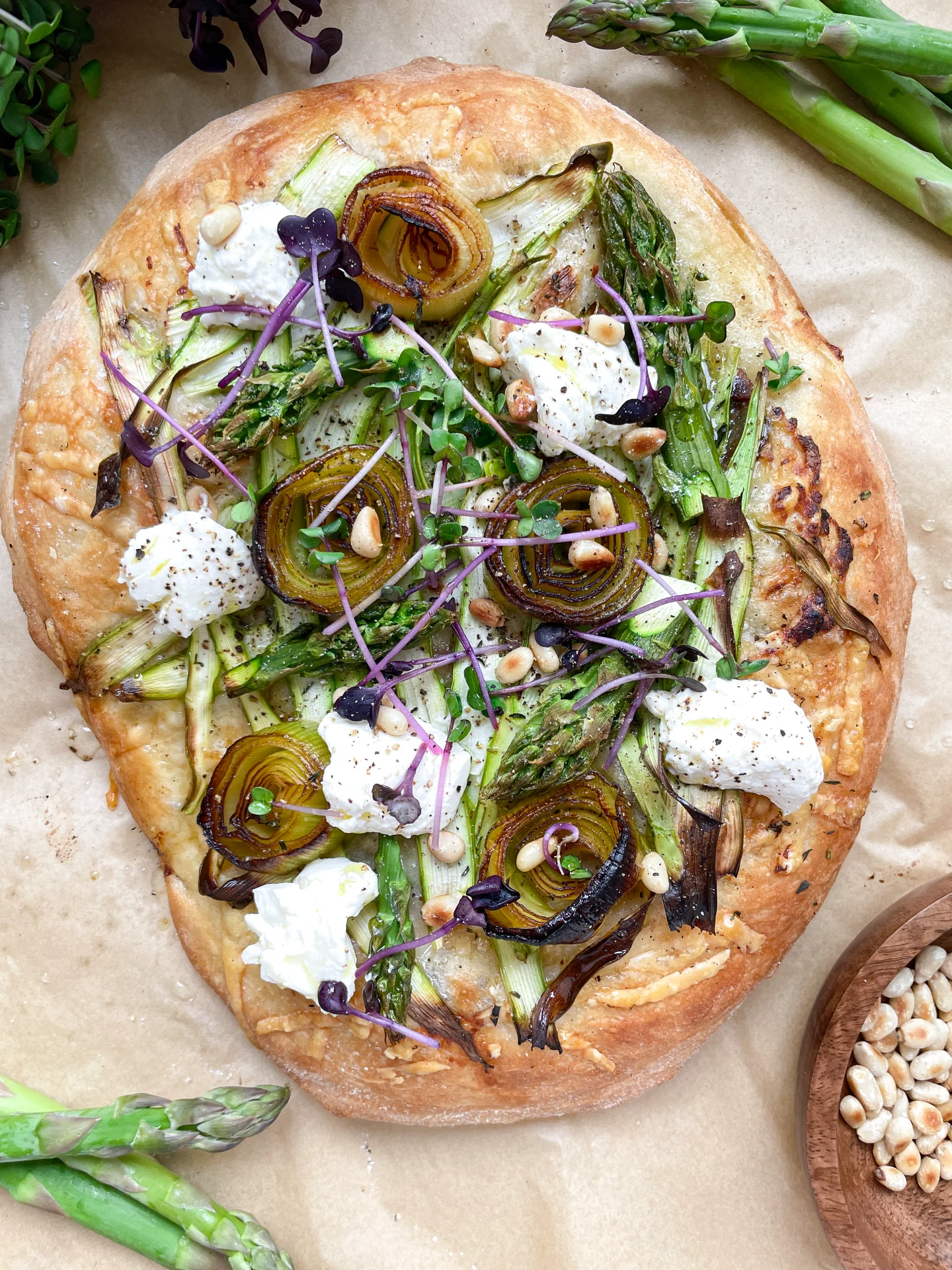 Asparagus Caramalized Leeks Pizza with Parmesan & Ricotta