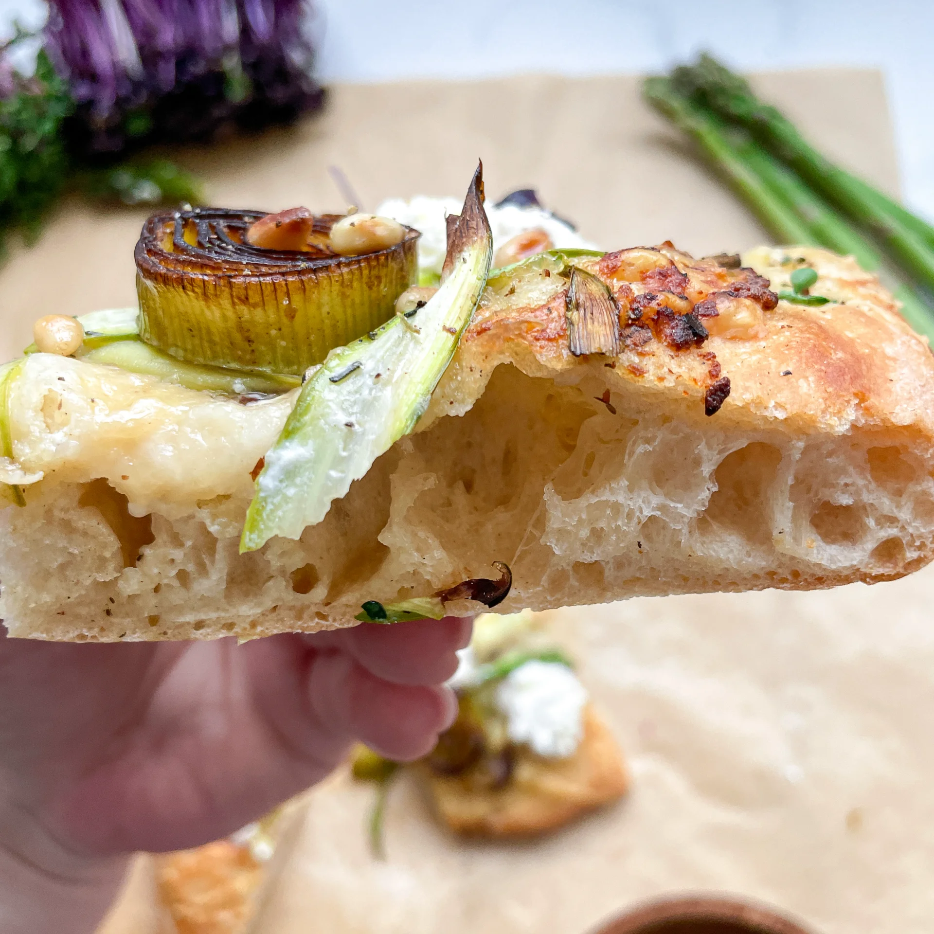 Asparagus Caramalized Leeks Pizza with Parmesan & Ricotta