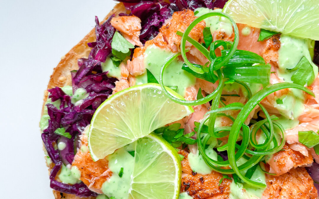 Salmon Flatbread with Slaw & Cilantro Yogurt Sauce