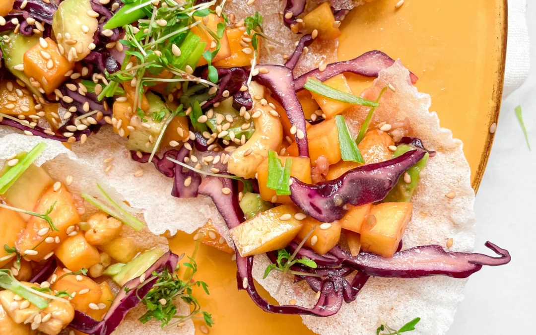 Crispy Rice Paper with Mango Avocado Cashew Salad