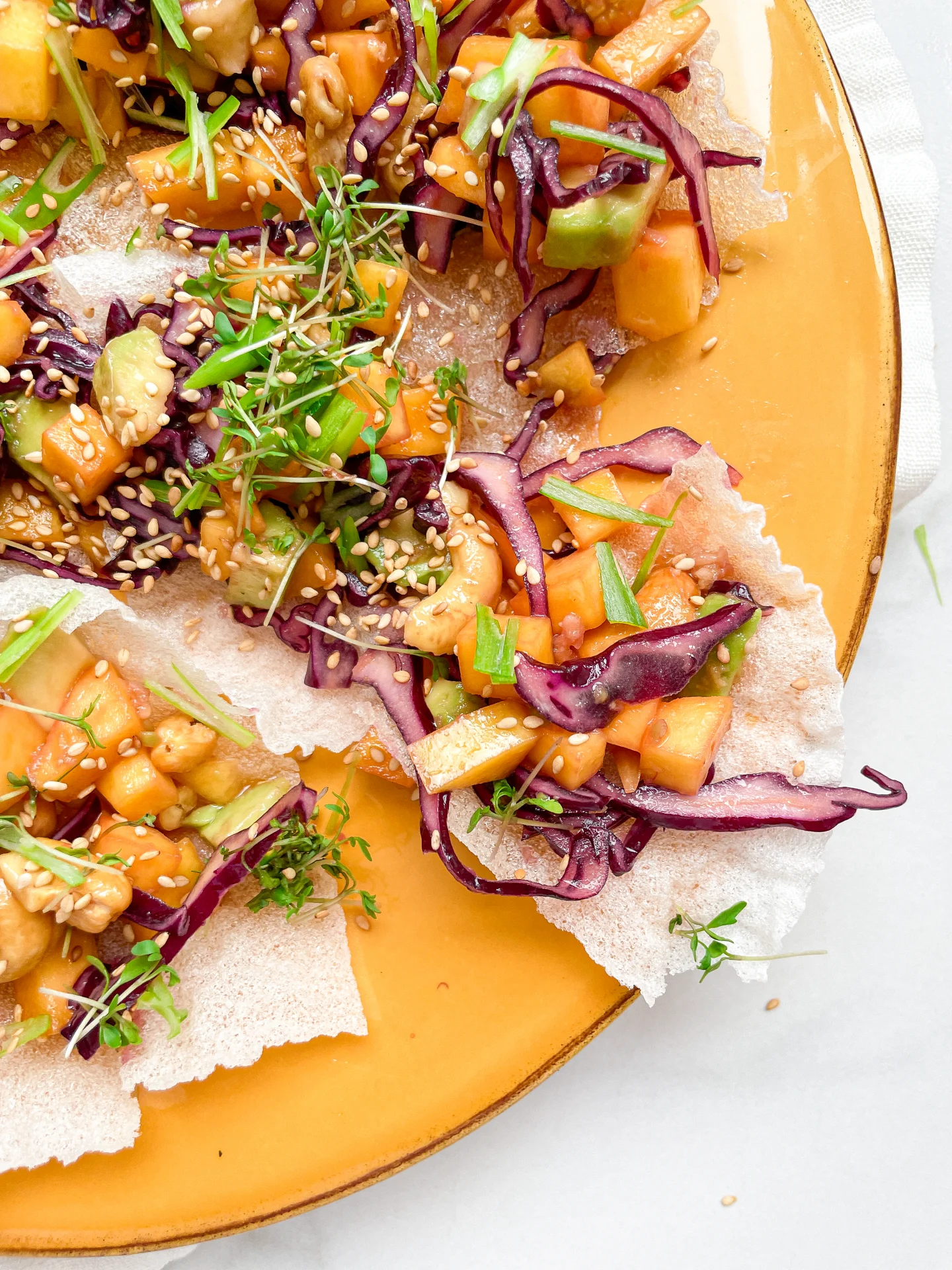 Crispy Rice Paper with Mango Avocado Cashew Salad