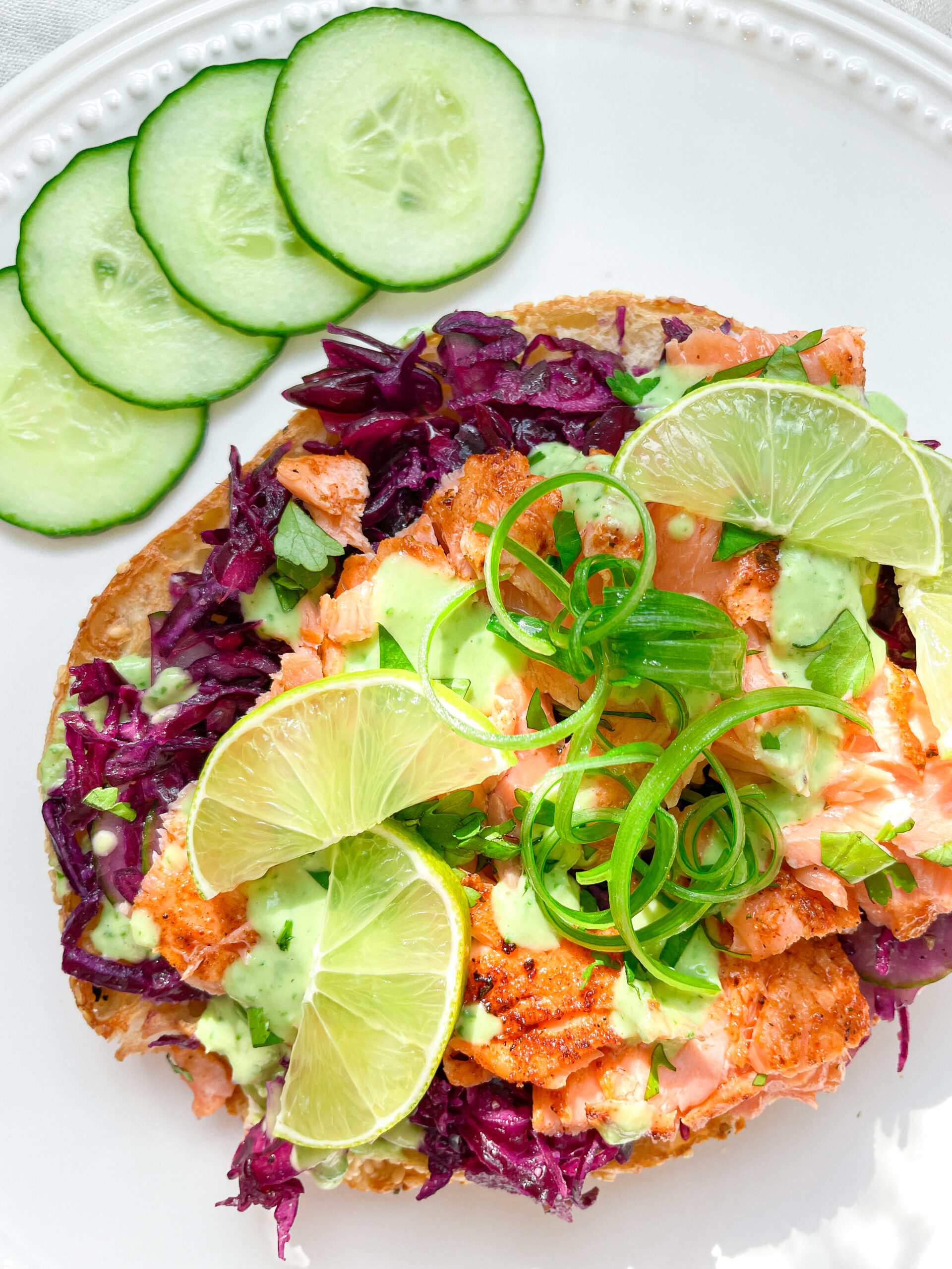 Salmon Flatbread with Slaw & Cilantro Yogurt Sauce