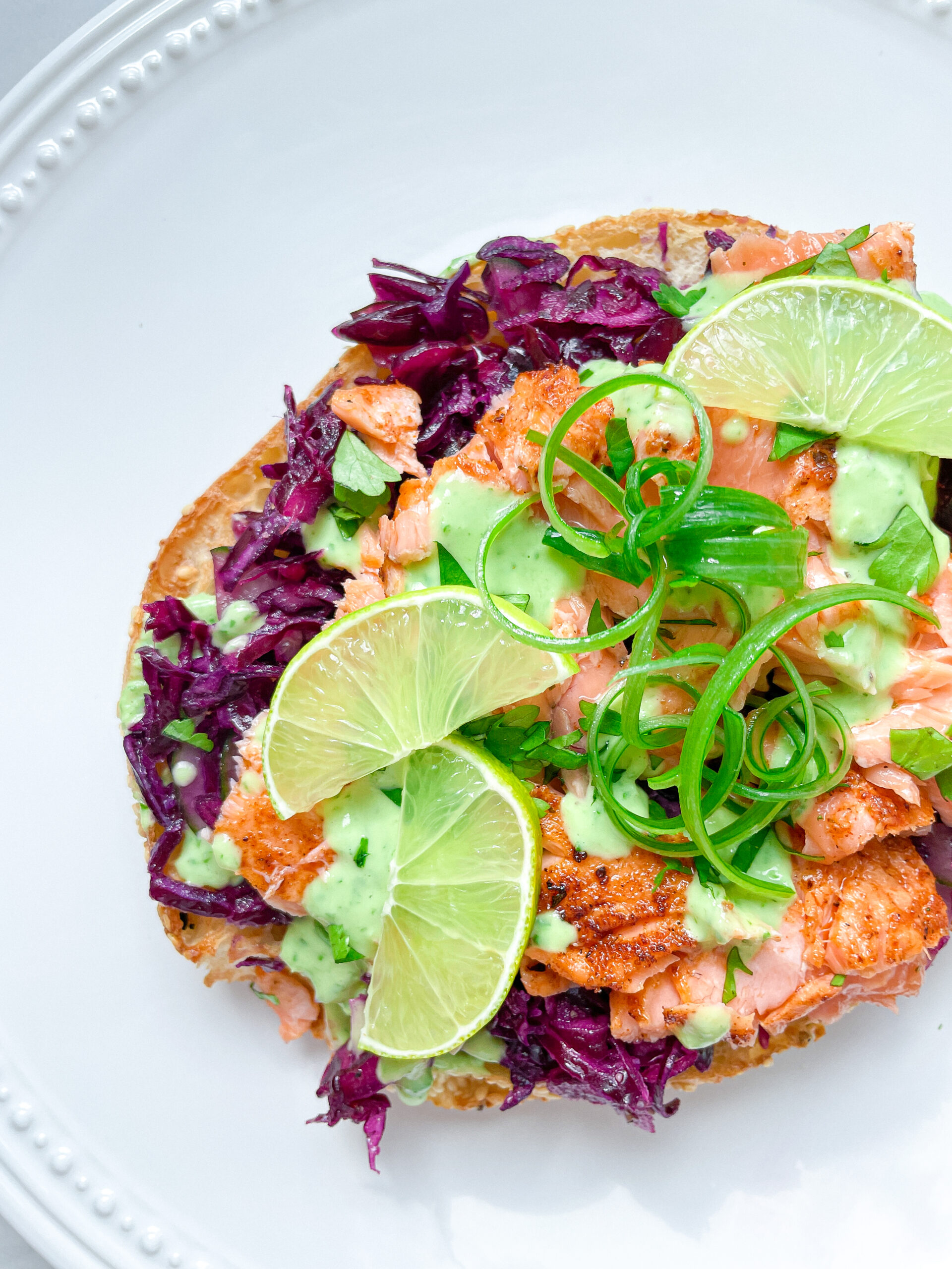 Salmon Flatbread with Slaw & Cilantro Yogurt Sauce