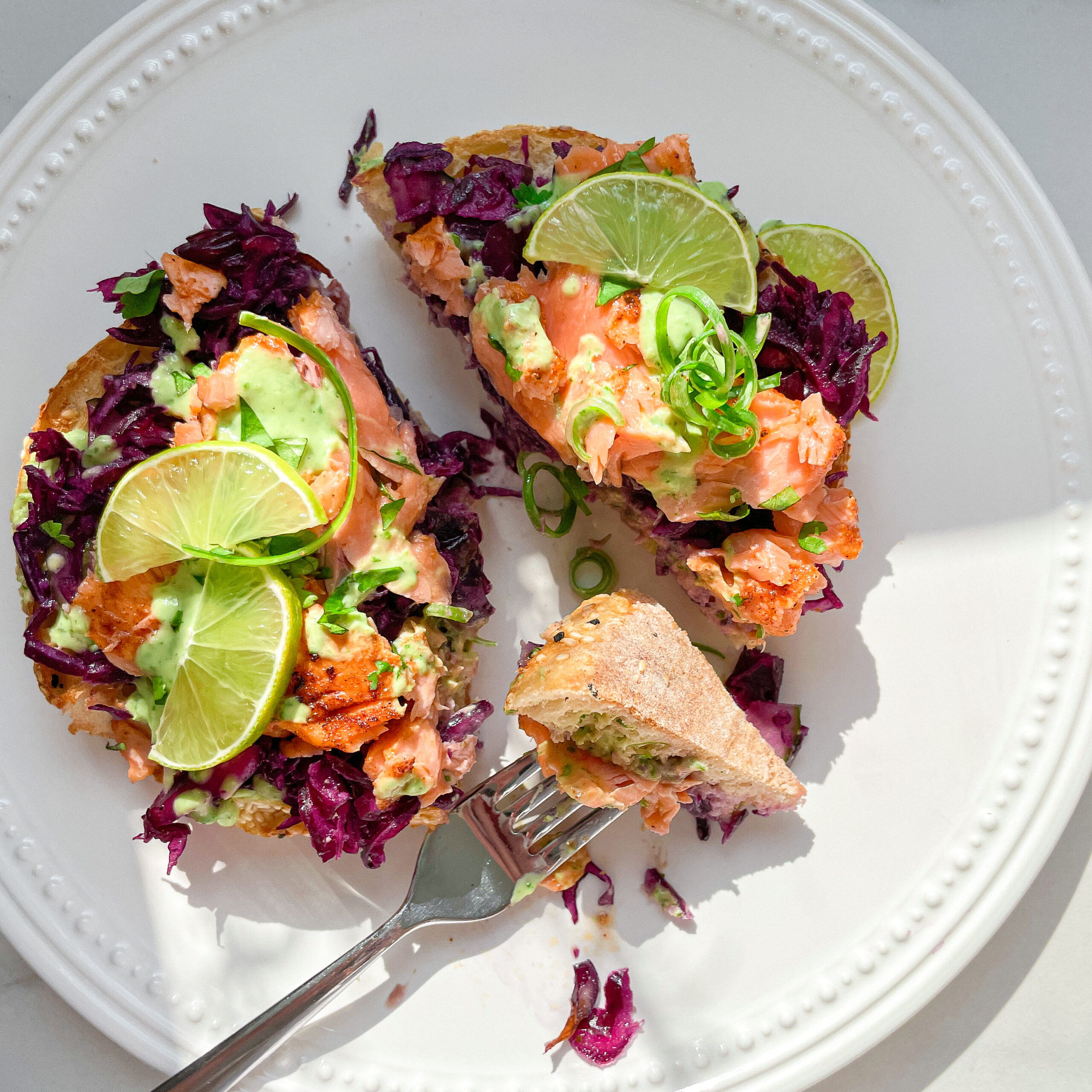 Salmon Flatbread with Slaw & Cilantro Yogurt Sauce