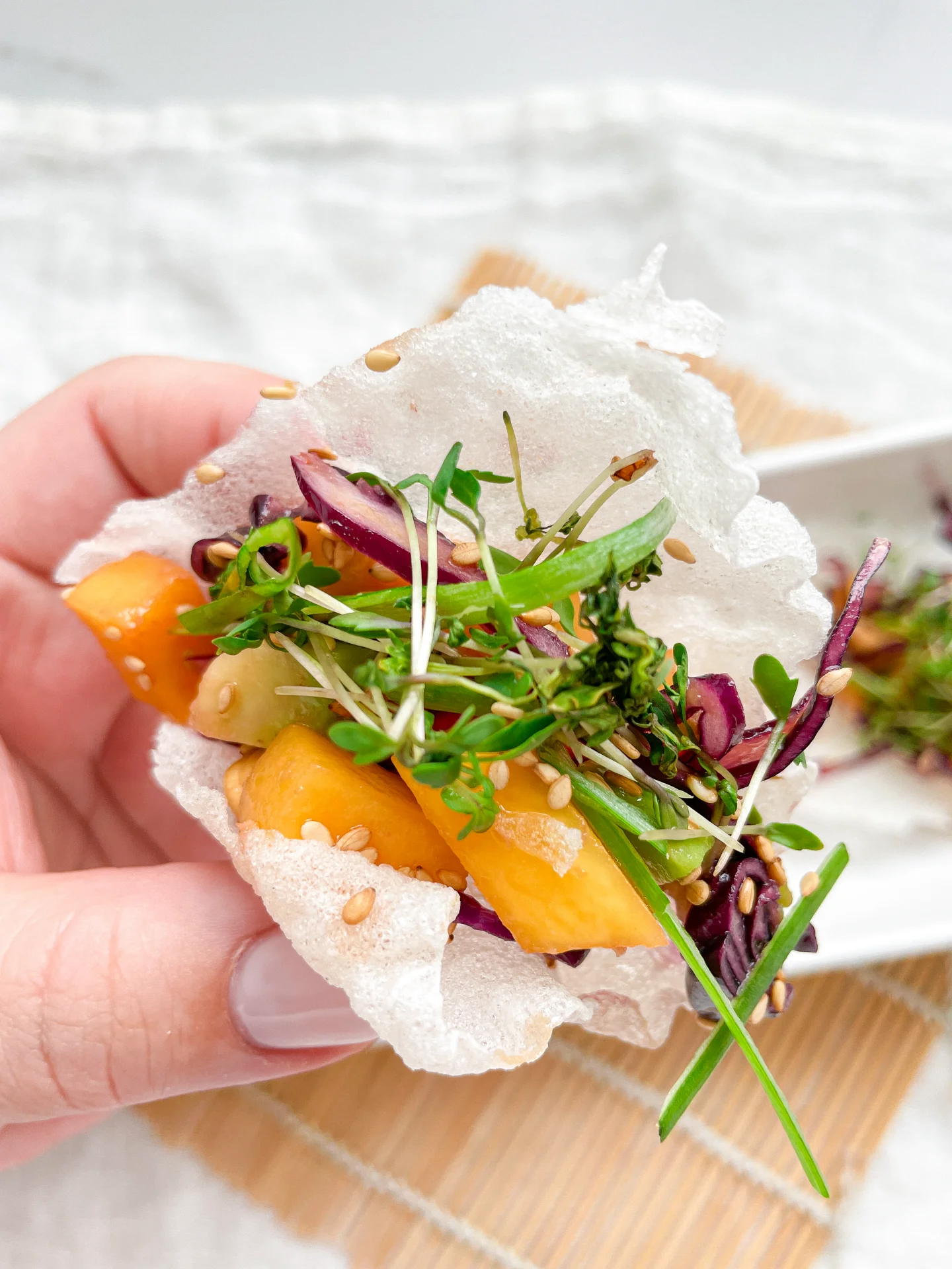 Crispy Rice Paper with Mango Avocado Cashew Salad