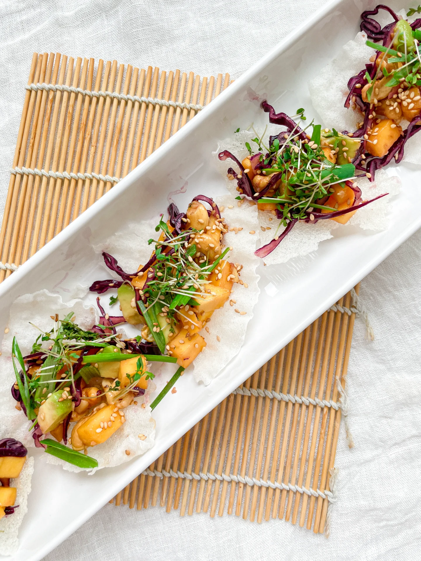 Crispy Rice Paper with Mango Avocado Cashew Salad