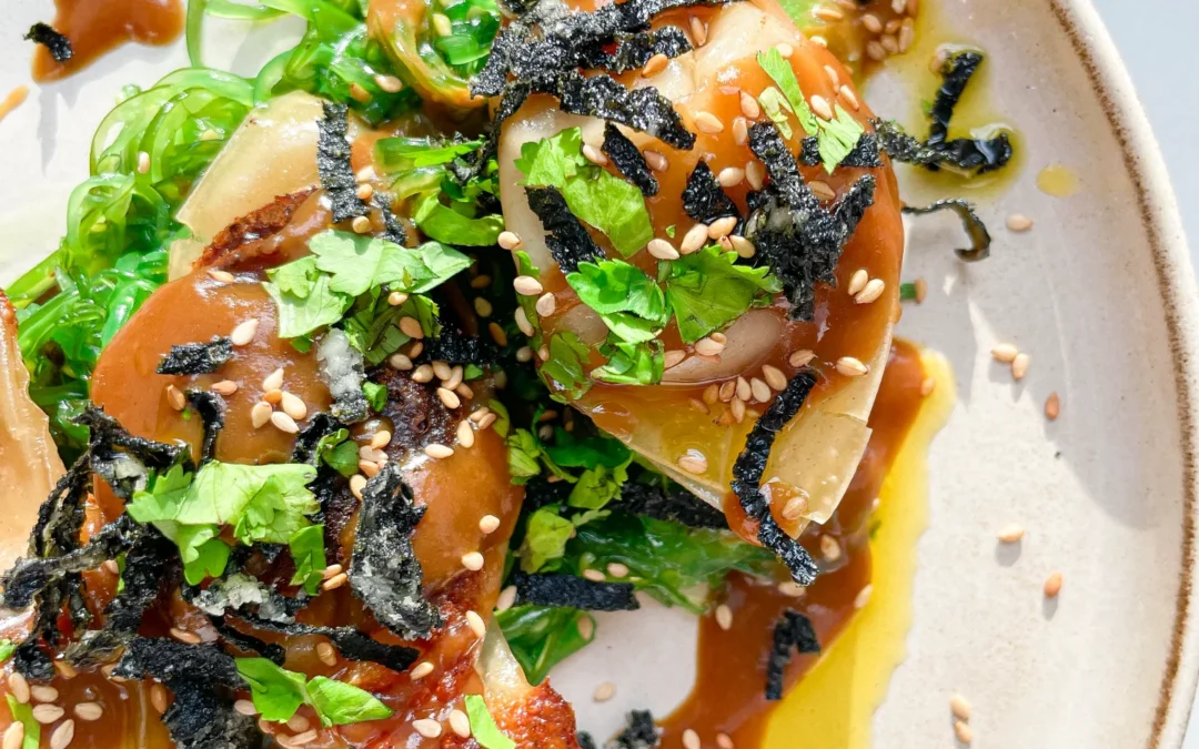 Crispy Pork Gyoza, Miso Ginger Oil Glaze & Fried Seaweed