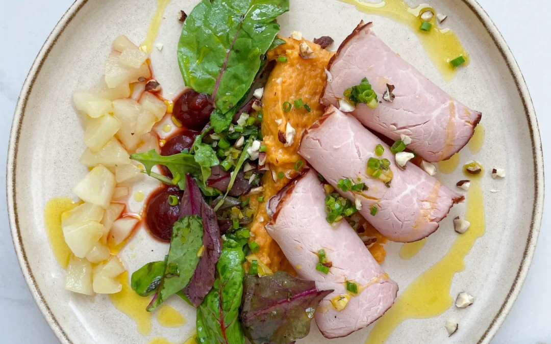 Smoky Boiled Ham Rolls Sweet Potato Mash Pear Compote Beetroot Raspberry Coulis & Orange Oil