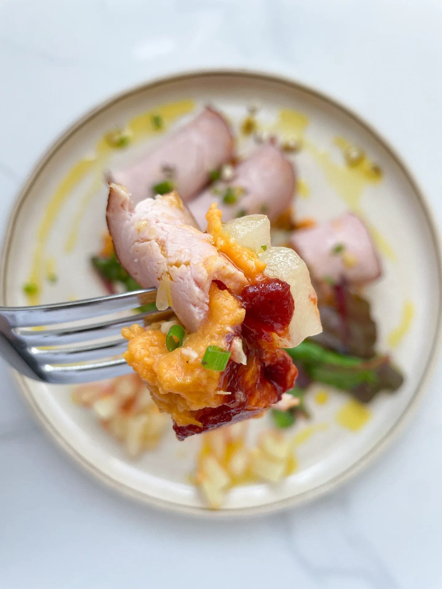 Smoky Pork Rolls Sweet Potato Mash Pear Compote Beetroot Raspberry Coulis & Orange Oil