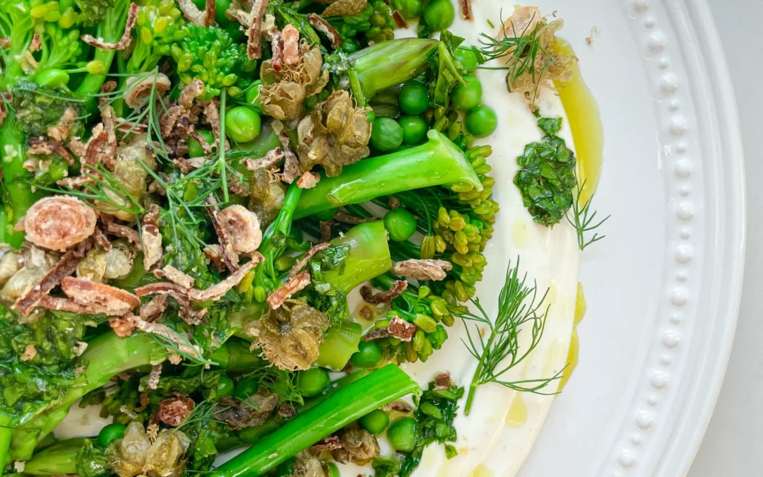 Green Veggies on Whipped Ricotta with Fried Capers & Shallots