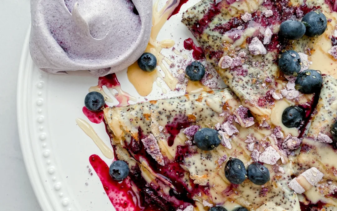 Poppyseed Crepe with Lemon Pastry Cream & Blueberry Meringue