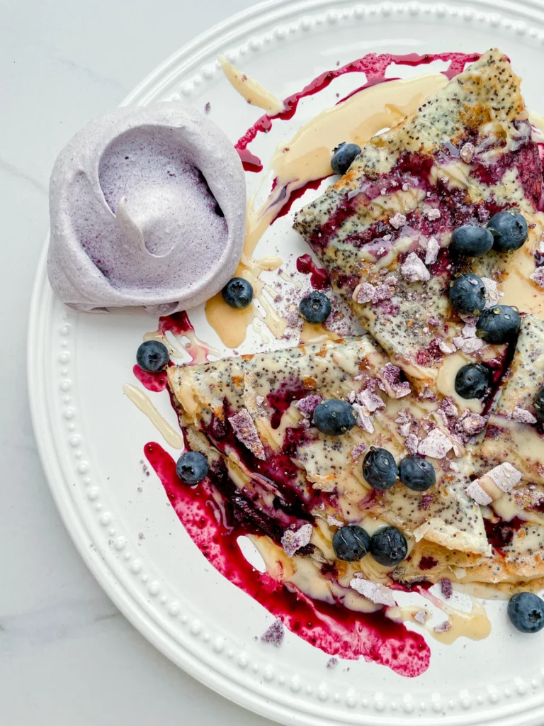 Poppyseed Crepe with Lemon Pastry Cream & Blueberry Meringue