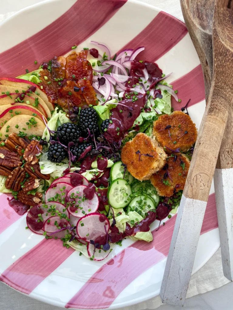 Caramelized Bacon Fried Goat Cheese Salad with Blackberry Balsamic Vinaigrette