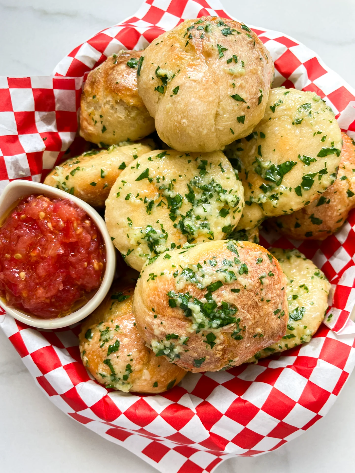 Garlic Parmesan Butter Knots & Grated Tomato Dip