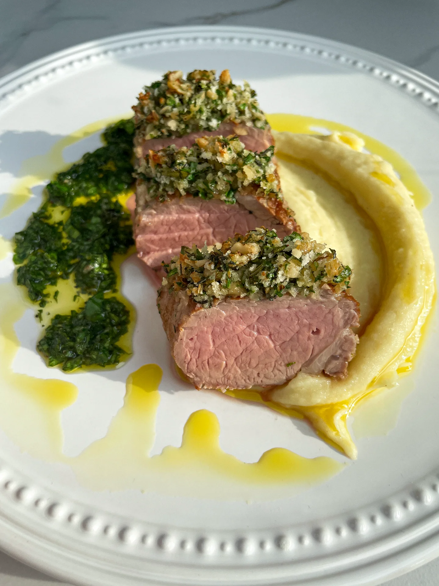 Pork Tenderloin with Parmesan Herb Crust Potato Puree & Gremolata