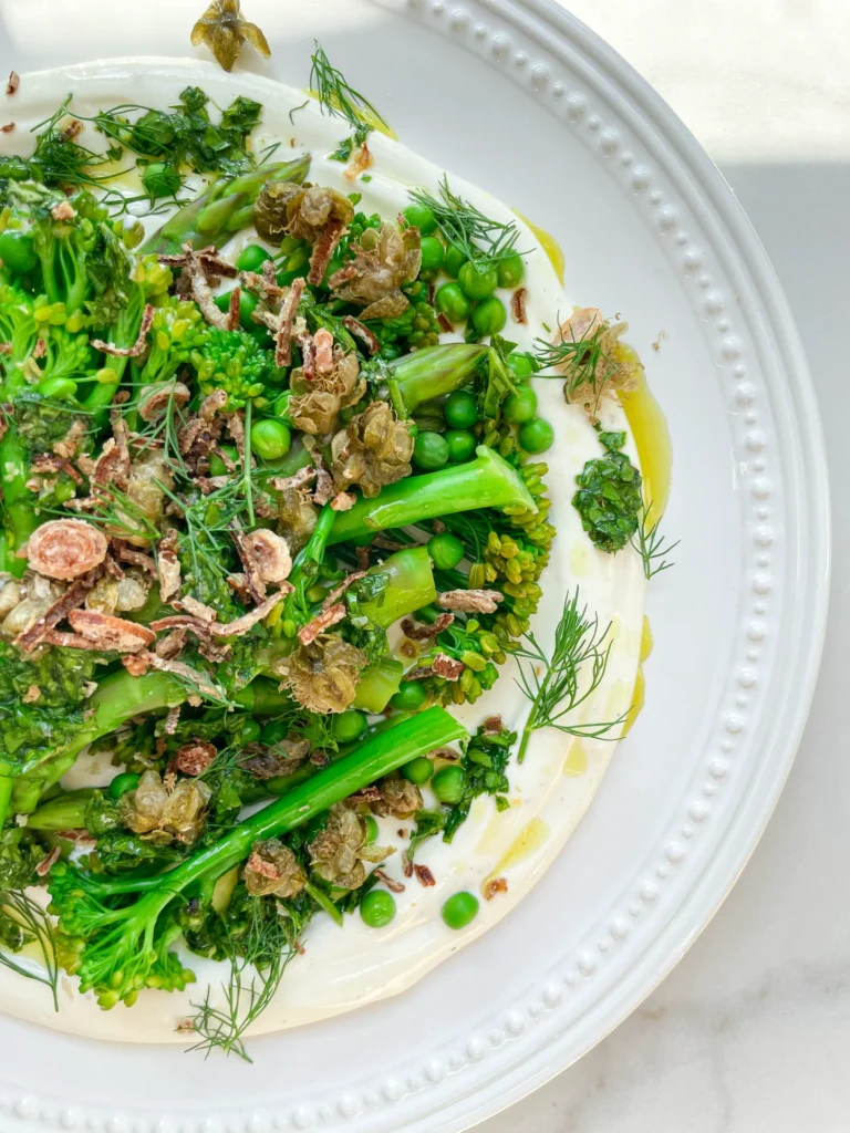 Green Veggies on Whipped Ricotta with Fried Capers & Shallots