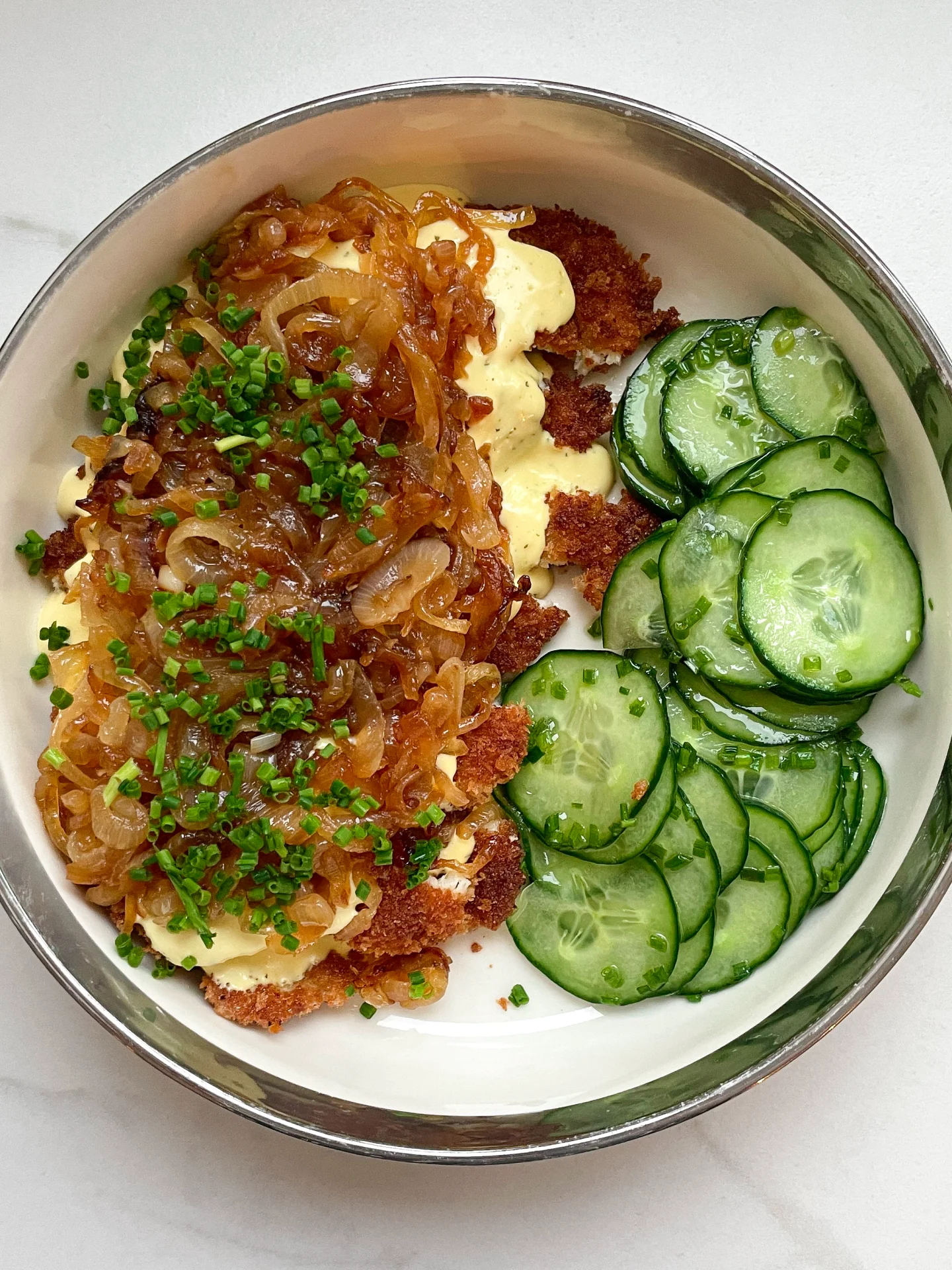 Chicken Schnitzel with Caramalized Onions & Sauce Hollandaise