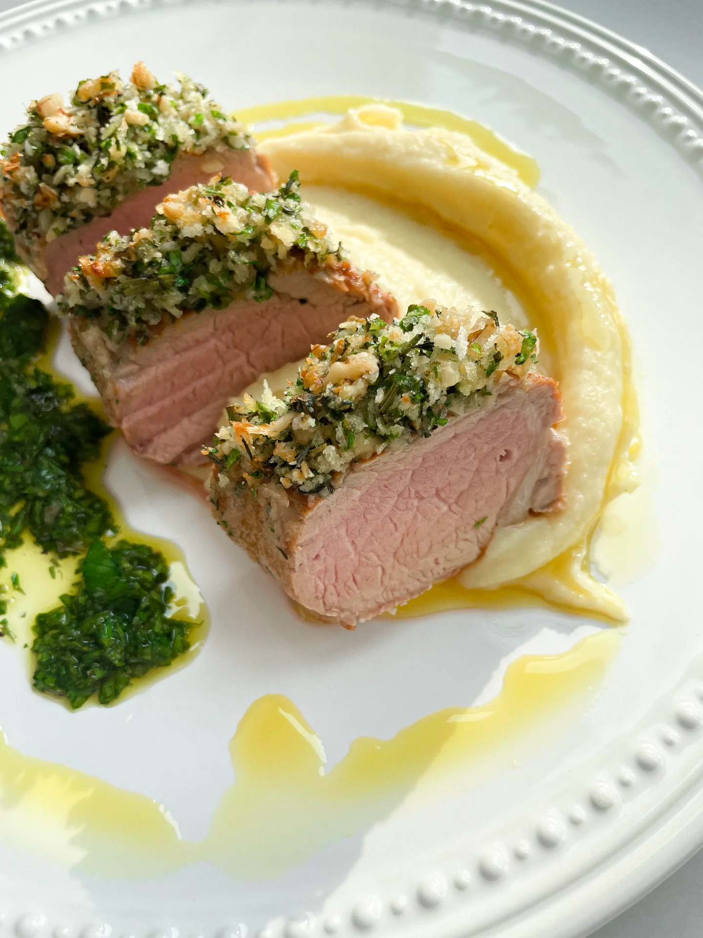 Pork Tenderloin with Parmesan Herb Crust Potato Puree & Gremolata