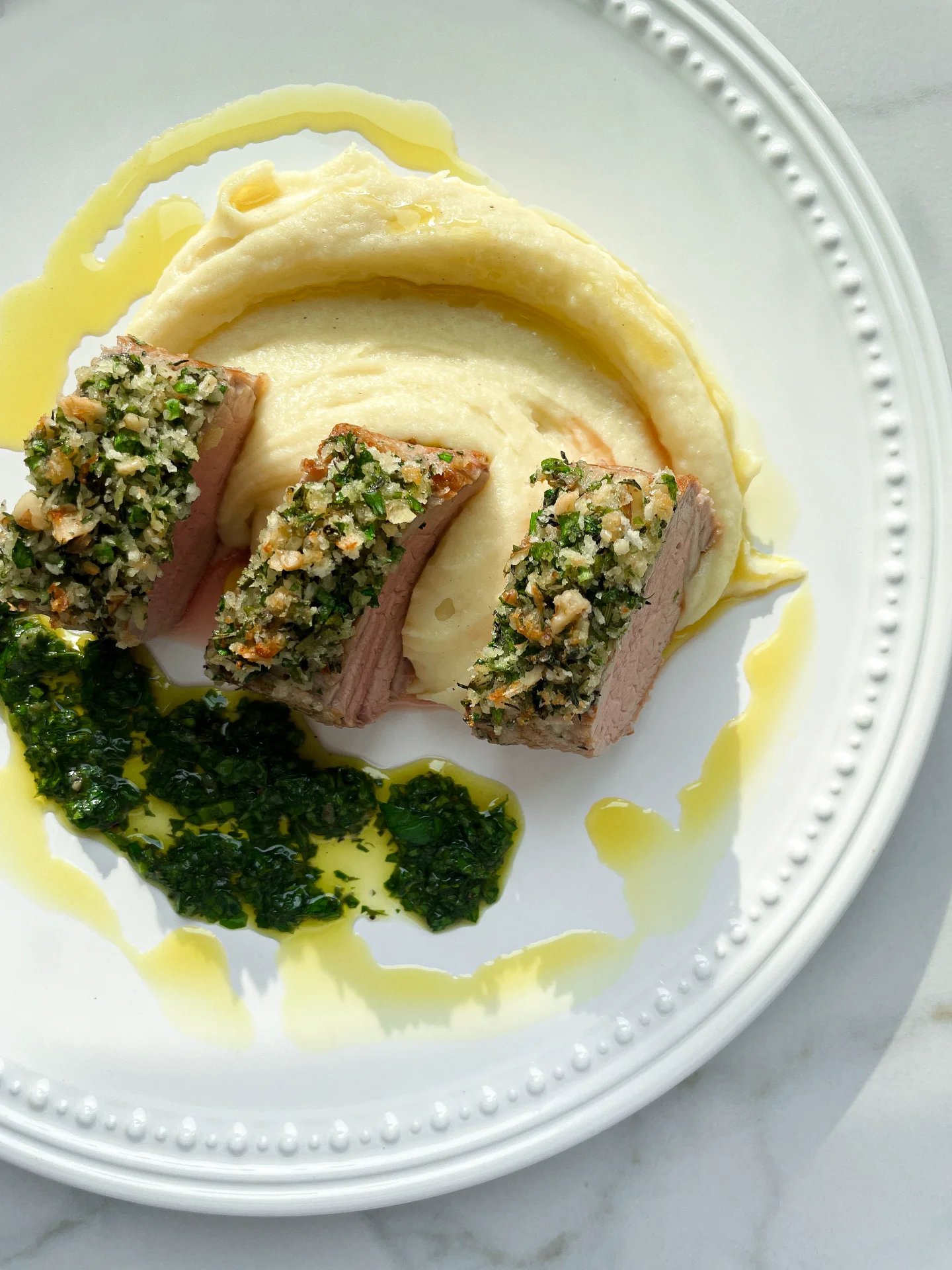 Pork Tenderloin with Parmesan Herb Crust Potato Puree & Gremolata