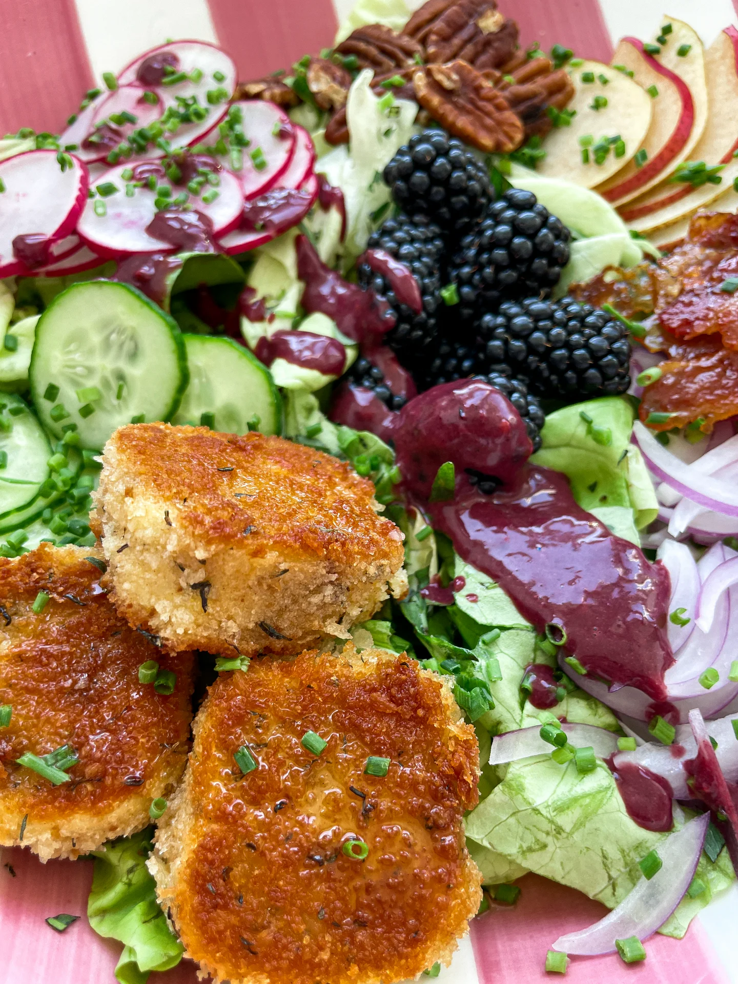 Caramelized Bacon Fried Goat Cheese Salad with Blackberry Balsamic Vinaigrette