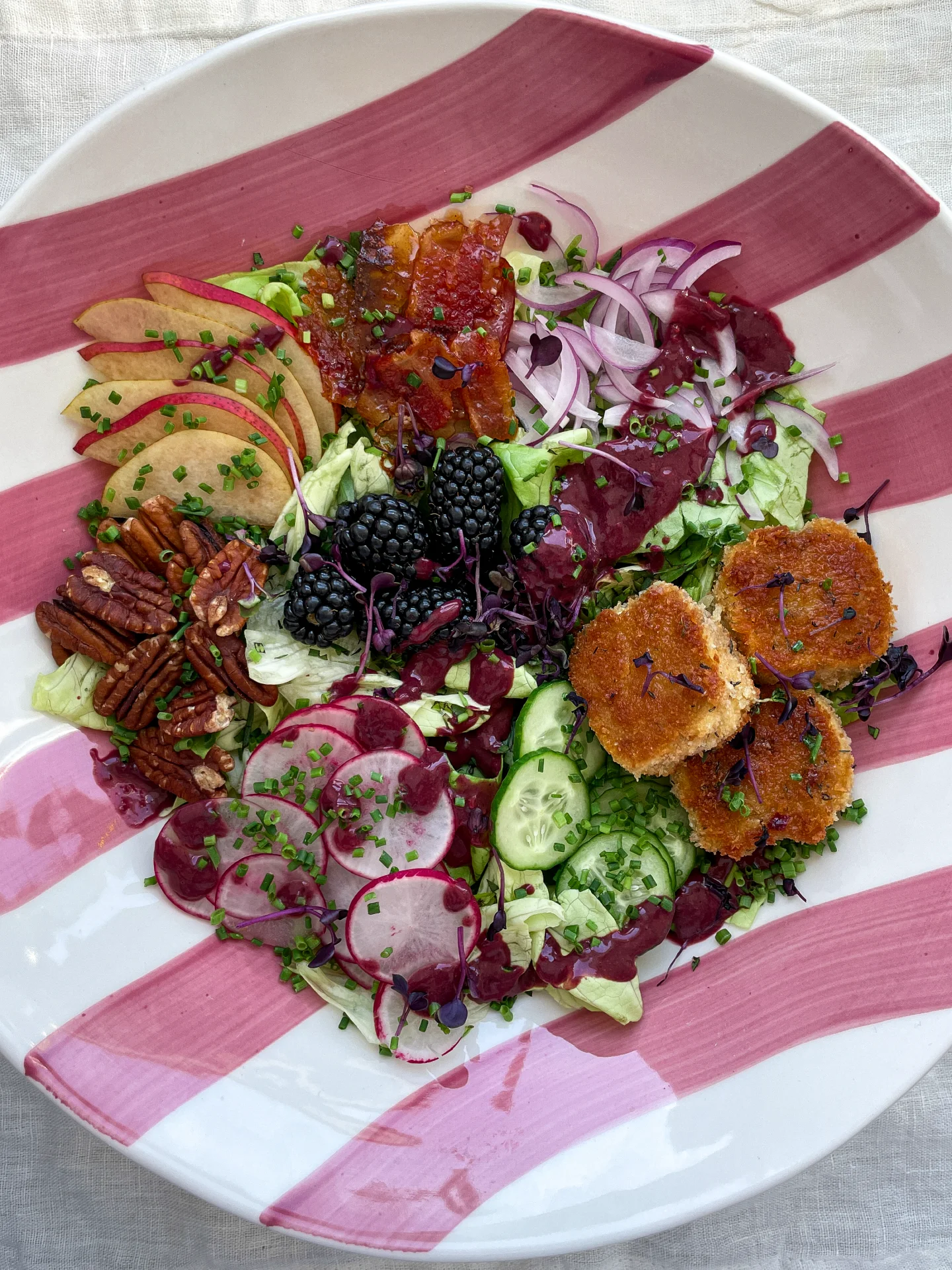 Caramelized Bacon Fried Goat Cheese Salad with Blackberry Balsamic Vinaigrette