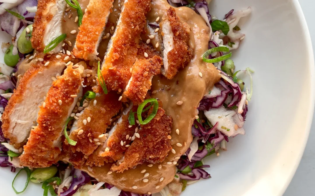 Crispy Chicken with Peanut Coconut Sauce & Edamame Slaw