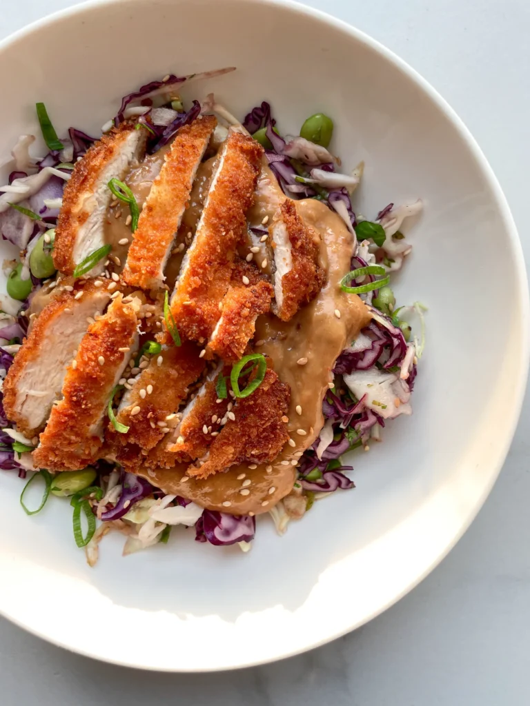 Crispy Chicken with Peanut Coconut Sauce & Edamame Slaw