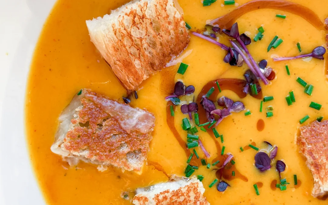 Pumpkin Coconut Soup with Cinnamon Oil & Walnut Sage Grilled Cheese