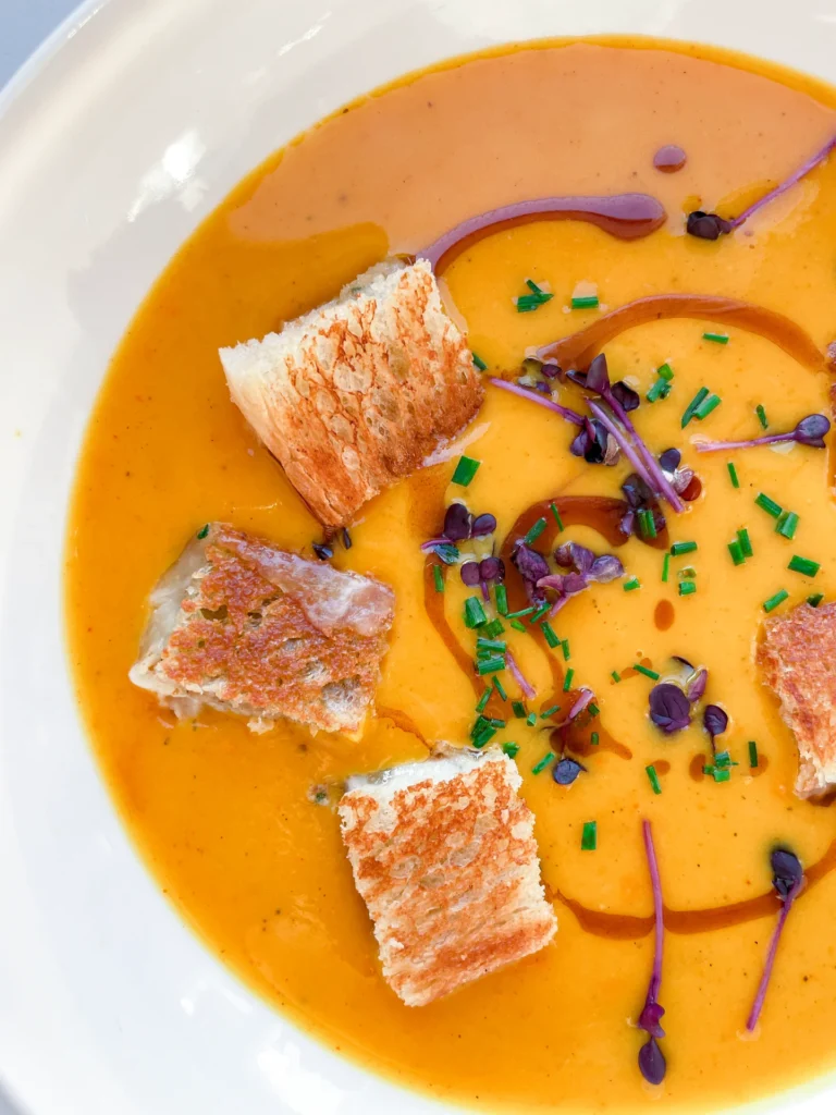 Pumpkin Soup with Cinnamon Oil & Walnut Sage Grilled Cheese