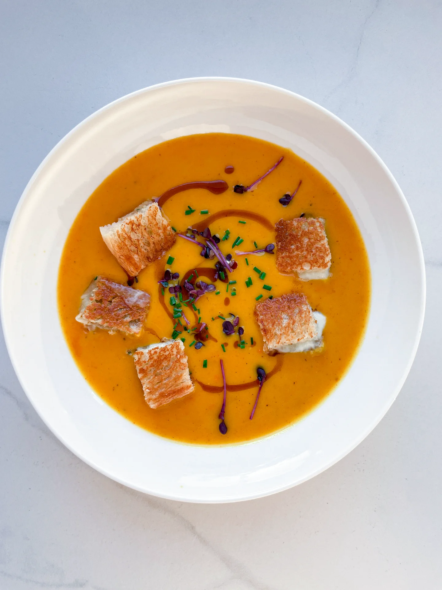 Pumpkin Soup with Cinnamon Oil & Walnut Sage Grilled Cheese