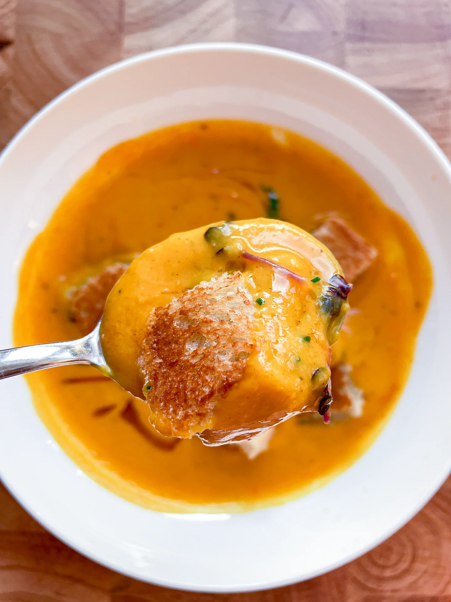 Pumpkin Soup with Cinnamon Oil & Walnut Sage Grilled Cheese